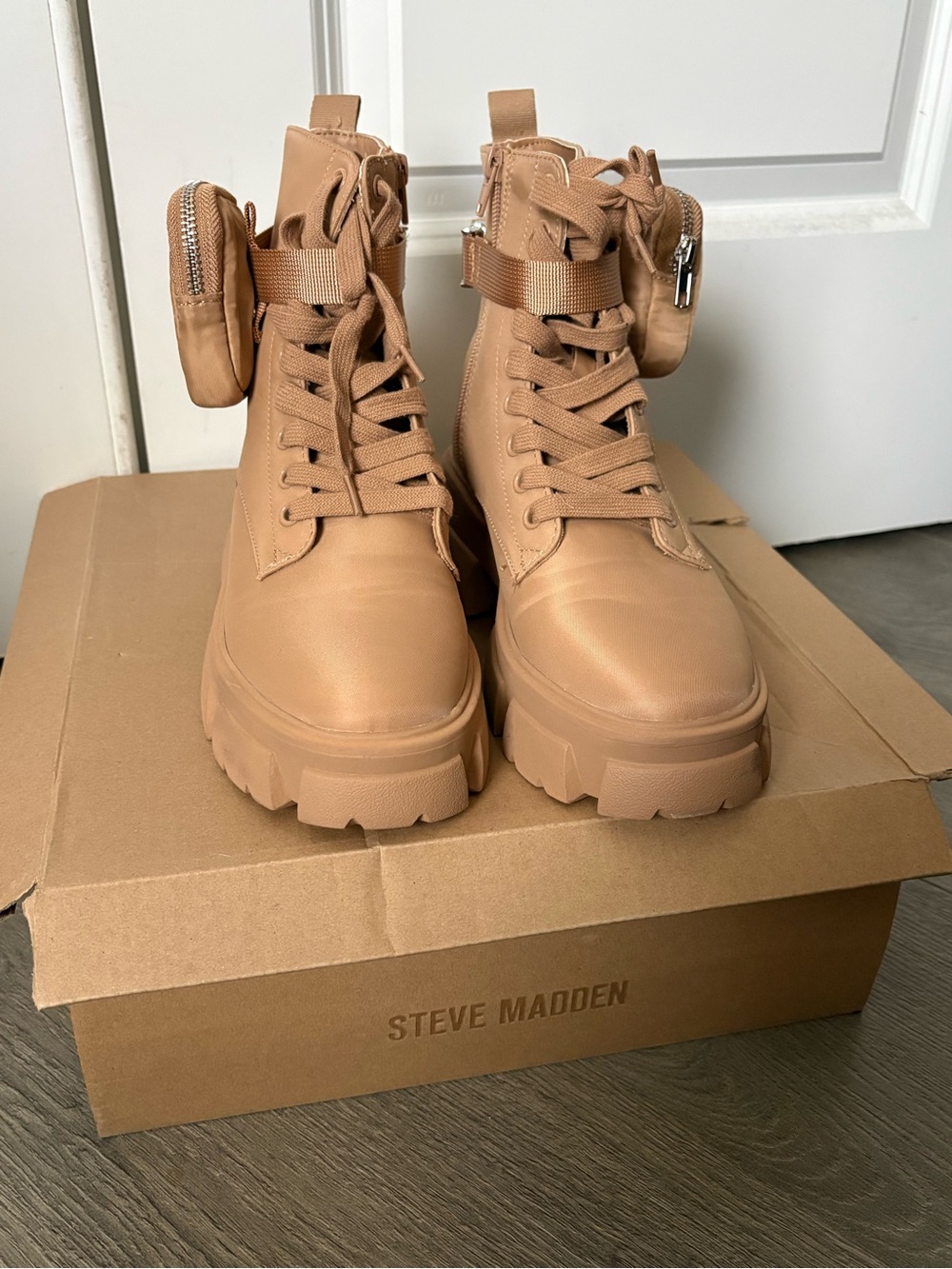 Steve Madden Tan Lug Sole Utility Boots with Mini Pouches